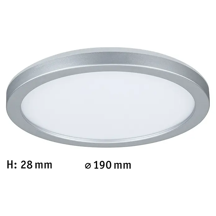 Paulmann LED-Panel rund Atria Shine - Durchmesser: 19 cm, 12,5 W, Chrom, Warmweiß - Nahaufnahme einer runden LED-Deckenleuchte mit silbernem Rahmen und den Maßen H: 28 mm und Ø 190 mm.