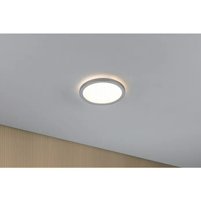 Paulmann LED-Panel rund Atria Shine - Durchmesser: 19 cm, 12,5 W, Chrom, Warmweiß - Eine runde Deckenleuchte mit einem silbernen Rahmen und einem hellen, diffusen Licht, ideal für moderne Innenräume.