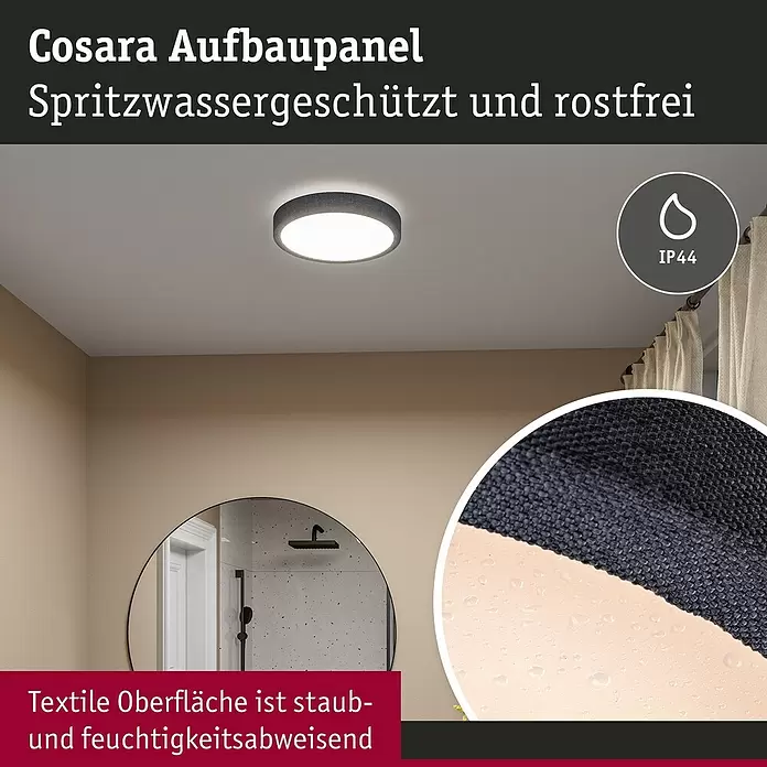 Paulmann LED-Panel rund Cosara - 15 W, Ø x H: 30 x 6,2 cm, Dungelgrau, Warmweiß - Dunkelgraue, runde Cosara Aufbauleuchte mit textiler, spritzwassergeschützter und feuchtigkeitsabweisender Oberfläche.