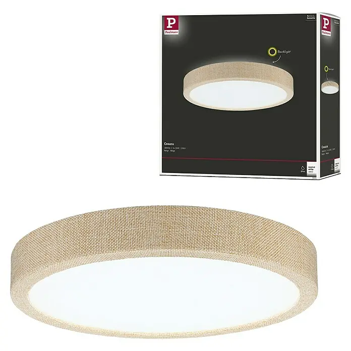 Paulmann LED-Panel rund Cosara - 15 W, Ø x H: 30 x 6,2 cm, Beige, Neutralweiß - Produktbild: Die Paulmann Cosara Deckenleuchte in Beige, ein stilvolles Beleuchtungselement mit Stoffschirm und indirektem Backlight.