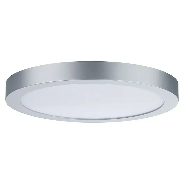 Paulmann LED-Panel rund Abia - 24 W, Chrom matt, Warmweiß - Nahaufnahme einer modernen, runden Deckenleuchte mit einem silbernen Rand und einer weißen, diffusen Lichtfläche.