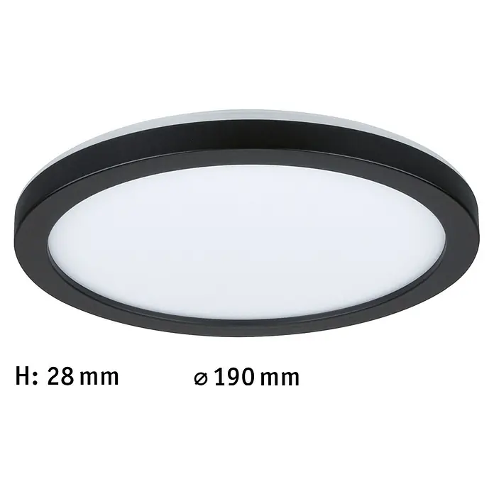 Paulmann LED-Panel rund Atria Shine - Durchmesser: 19 cm, 12,5 W, Schwarz, Warmweiß - Nahaufnahme einer runden, schwarzen LED-Deckenleuchte mit den Maßen 28 mm Höhe und 190 mm Durchmesser.