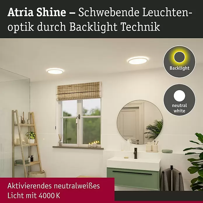 Paulmann LED-Panel rund Atria Shine IP44 - Neutralweiß, 19 W, Weiß, Durchmesser: 29,3 cm - Runde Deckenleuchte mit Backlight-Technologie beleuchtet modernes Bad mit neutralweißem 4000K Licht.