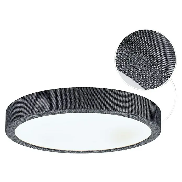 Paulmann LED-Panel rund Cosara - 15 W, Ø x H: 30 x 6,2 cm, Dungelgrau, Neutralweiß - Nahaufnahme einer runden Deckenleuchte mit grauer Stoffbespannung und hellem, diffusem Licht, ideal für moderne Innenräume.