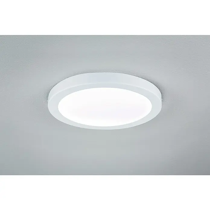 Paulmann LED-Panel rund Abia - 24 W, Weiß, Neutralweiß - Nahaufnahme einer runden, weißen LED-Deckenleuchte, die an einer hellgrauen Decke montiert ist und ein helles, gleichmäßiges Licht ausstrahlt.