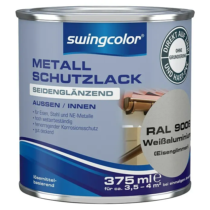 swingcolor Metall-Schutzlack - Weißaluminium, 375 ml, Seidenglänzend - Dose Swingcolor Metall Schutzlack seidenmatt, Farbton Weißaluminium RAL 9006, 375 ml, für Eisen, Stahl und NE-Metalle.
