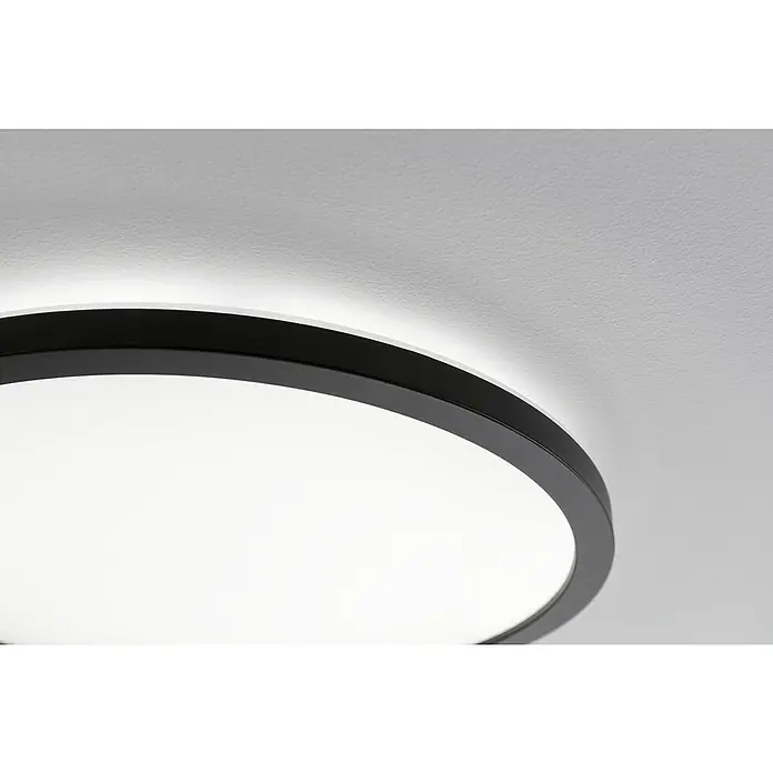 Paulmann LED-Panel Atria Shine - Durchmesser: 29,3 cm, 19 W, Schwarz, Neutralweiß - Nahaufnahme einer runden LED-Deckenleuchte mit schwarzem Rahmen, die ein modernes und minimalistisches Design auf einer weißen Decke zeigt.