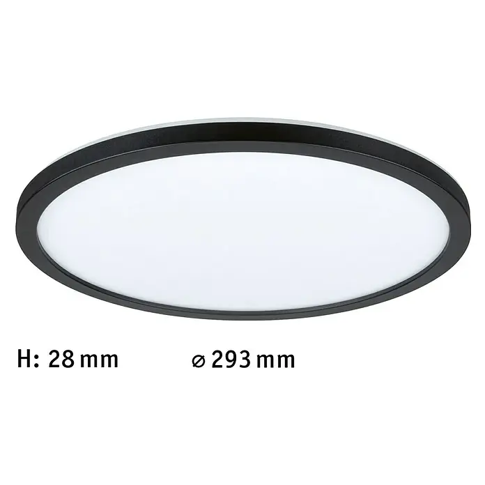 Paulmann LED-Panel Atria Shine - Durchmesser: 29,3 cm, 19 W, Schwarz, Warmweiß - Deckenleuchte mit schwarzem Rand und weißen Lampenschirm. Die Leuchte hat eine Höhe von 28 mm und einen Durchmesser von 293 mm.