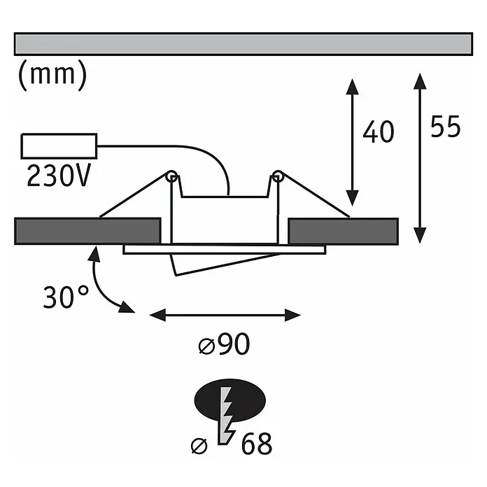 Paulmann LED-Einbauleuchten-Set rund Calla - 6 W, Schwarz, 10 Stk., Neutralweiß - Abbildung eines LED-Einbaustrahlers mit Bemaßungen und technischen Details wie 230V-Anschluss, Durchmesser Ø68 und einem Schwenkwinkel von 30°.