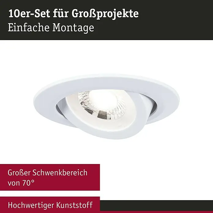 Paulmann LED-Einbauleuchten-Set rund - 4,8 W, Ø x H: 8,2 x 3 cm, Weiß, 10 Stk., Warmweiß - Weißer, schwenkbarer LED-Einbaustrahler im 10er-Set für Großprojekte, einfache Montage, großer Schwenkbereich von 70 Grad.