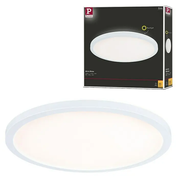 Paulmann LED-Panel rund Atria Shine IP44 - Warmweiß, 19 W, Weiß, Durchmesser: 29,3 cm - Produktbild der Paulmann Atria Shine Deckenleuchte in Weiß, mit Informationen zur Backlight-Funktion und den technischen Daten.