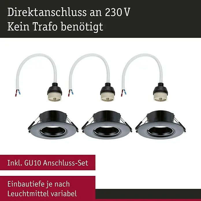 Paulmann Einbauleuchte - 9 cm, Schwarz, 3 Stk., Starr - Produktfoto von drei GU10 Einbaustrahler-Sets in Schwarz, mit Direktanschluss an 230V, kein Trafo erforderlich, variabel in der Einbautiefe.