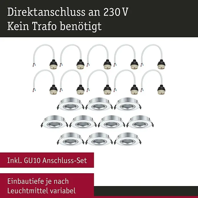 Paulmann Einbauleuchte - 10 W, 9 cm, Chrom, 10 Stk., Schwenkbar - Das Bild zeigt ein Set aus mehreren GU10-Anschluss-Sets mit Leuchten, die für den direkten Anschluss an 230 V geeignet sind.