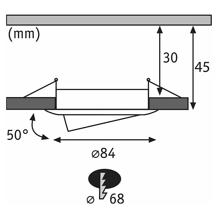 Paulmann Nova LED-Einbauleuchten-Set rund Plus Coin - Ø x H: 7,8 x 4,5 cm, Schwarz, 3 Stk., Warmweiß - Technische Zeichnung Einbaustrahler: Ø84mm, Einbauöffnung Ø68mm, Tiefe 45mm, 50° Abstrahlwinkel.