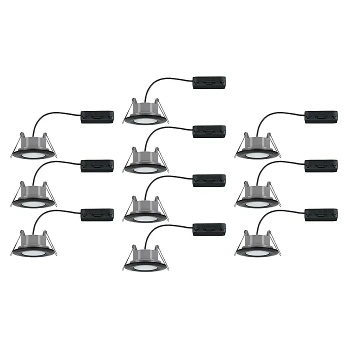 Paulmann LED-Einbauleuchten-Set rund Calla - 6 W, Schwarz, 10 Stk., Neutralweiß - Nahaufnahme mehrerer LED-Deckeneinbauleuchten mit schwarzem Kabel und Netzteil auf schwarzem Hintergrund.