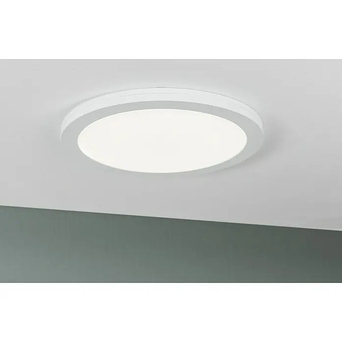 Paulmann LED-Einbauleuchte rund - 24 W, Ø x H: 33 x 1,9 cm, Weiß, Neutralweiß - Nahaufnahme einer runden LED-Deckenleuchte in Weiß, die ein modernes und helles Ambiente erzeugt. Die Leuchte ist schlicht und elegant.