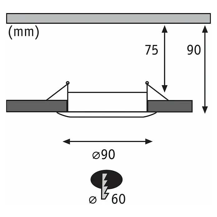 Paulmann Einbauleuchte - 9 cm, Weiß, 3 Stk., Starr - Eine schematische Darstellung eines Downlights mit Maßen und Installationshinweisen für den Einbau in Decken.