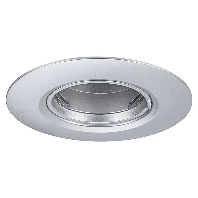 Paulmann Einbauleuchte - 9 cm, Chrom, 3 Stk., Starr - Nahaufnahme eines silbernen Deckeneinbaustrahlers, der durch sein minimalistisches Design und die saubere Verarbeitung besticht.