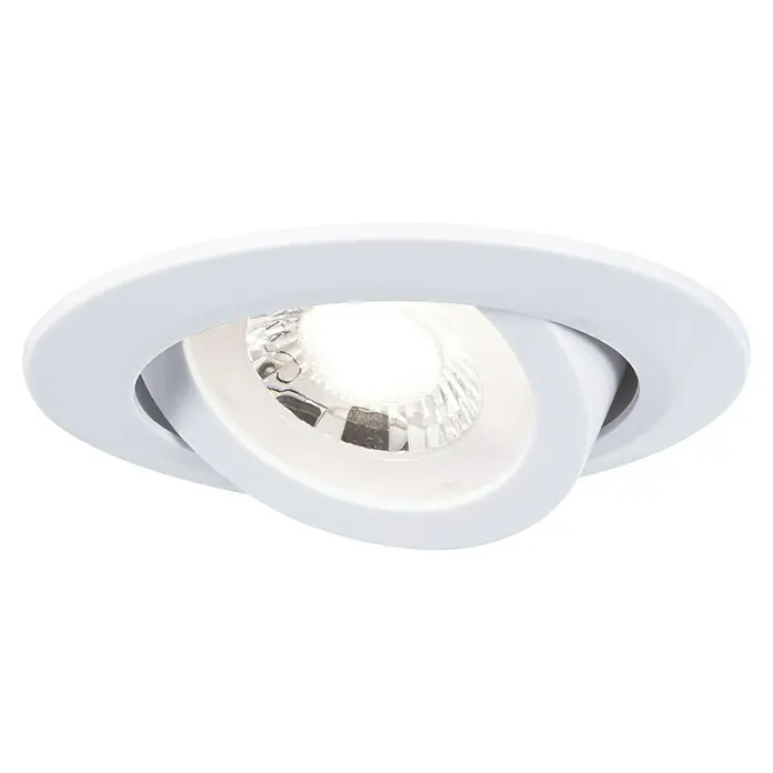 Paulmann LED-Einbauleuchten-Set rund - 4,8 W, Ø x H: 8,2 x 3 cm, Weiß, 10 Stk., Warmweiß - Nahaufnahme einer verstellbaren, weißen LED-Deckenleuchte, die ein helles, fokussiertes Licht ausstrahlt und eine moderne Beleuchtungslösung darstellt.