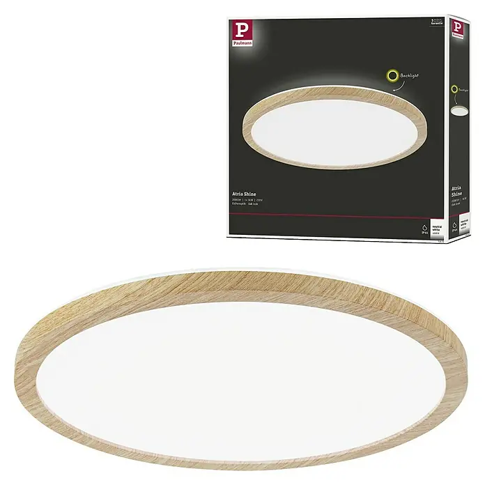 Paulmann LED-Panel rund Atria Shine IP44 - Neutralweiß, 19 W, Holz, Durchmesser: 29,3 cm - Produktbild einer Paulmann Atria Shine Deckenleuchte in Eichenoptik. Diese LED-Leuchte bietet eine angenehme, natürliche Beleuchtung.