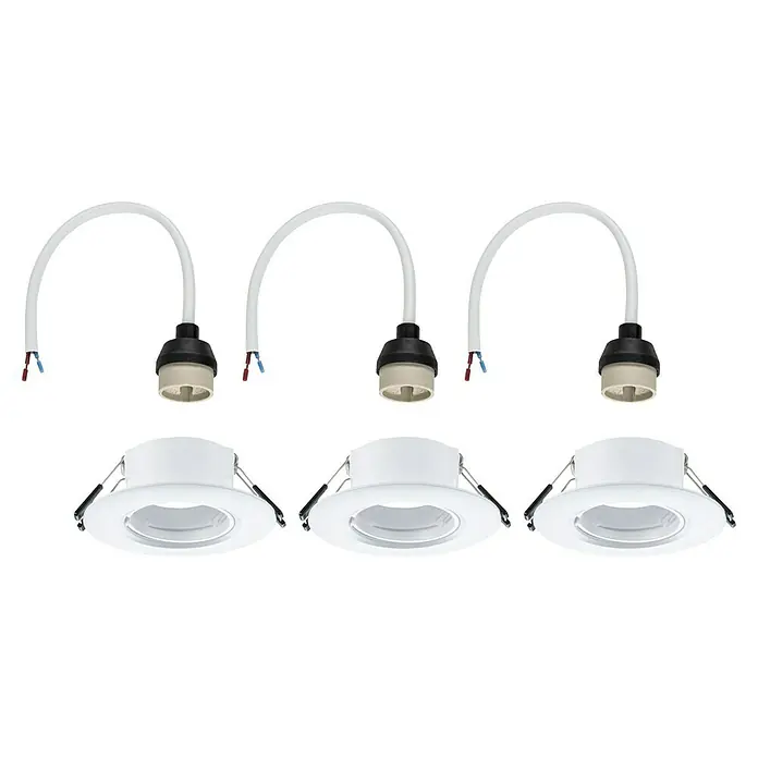 Paulmann Einbauleuchte - 9 cm, Weiß, 3 Stk., Starr - Drei weiße Einbaustrahler mit Fassung und Kabeln, ideal für moderne Beleuchtungslösungen.