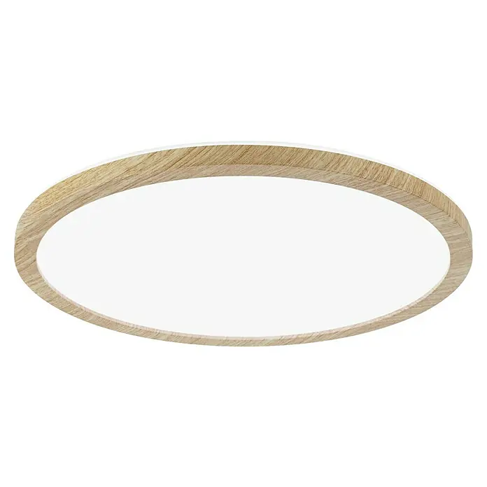 Paulmann LED-Panel rund Atria Shine IP44 - Neutralweiß, 19 W, Holz, Durchmesser: 29,3 cm - Diese Nahaufnahme zeigt eine elegante, runde Deckenleuchte mit einem Rahmen in Holzoptik und einer weißen Lichtfläche.