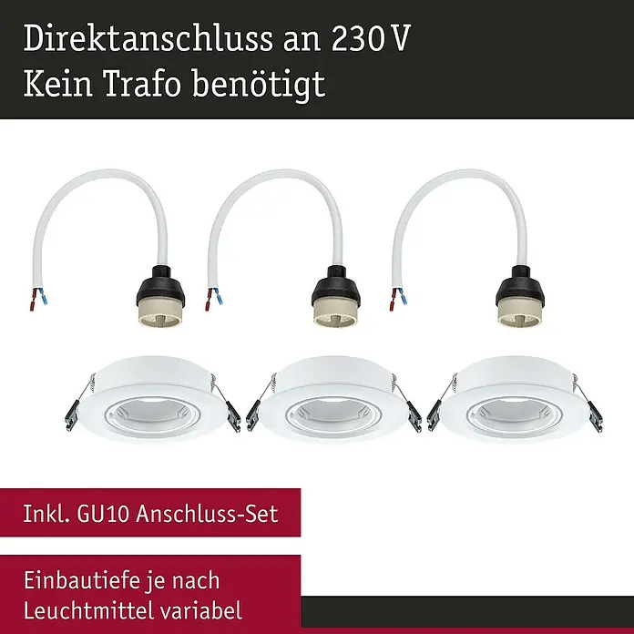 Paulmann Einbauleuchte - 10 W, 9 cm, Weiß, 3 Stk., Schwenkbar - Das Bild zeigt ein 3er-Set von weißen Einbauspots inklusive GU10 Anschluss-Set und direkter Anschlussmöglichkeit an 230V.
