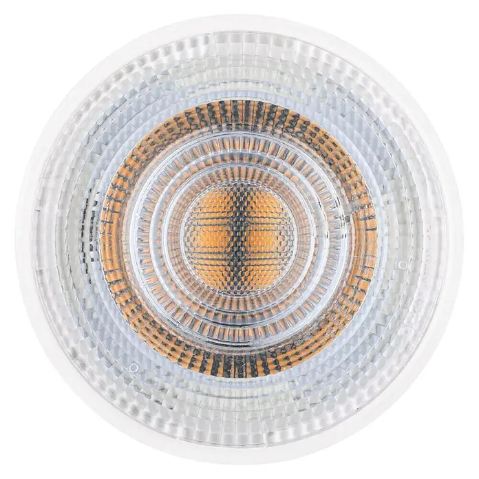 Paulmann LED-Lampe Reflektor Standard - GU10, Nicht Dimmbar, Warmweiß, 230 lm, 2,5 W, 5 Stk. - Nahaufnahme einer runden LED-Lampe mit konzentrischen Kreisen und einem orangefarbenen Zentrum, ideal für moderne Beleuchtungslösungen.