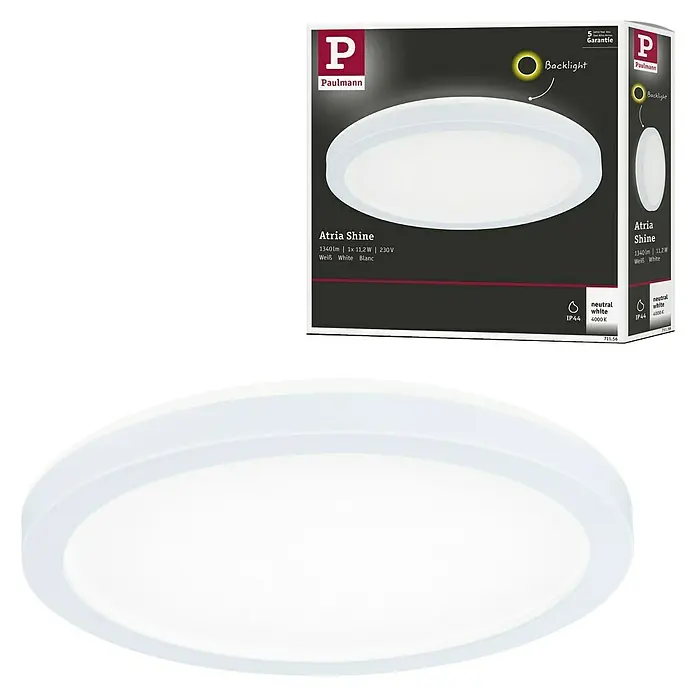 Paulmann LED-Panel rund Atria Shine IP44 - 12,5 W, Durchmesser: 19 cm, Weiß, Neutralweiß - Produktabbildung: Runde, weiße Paulmann Atria Shine LED-Deckenleuchte mit Backlight, 1340lm, 1x11,2W, 230V, neutralweiß (4000K), IP44.