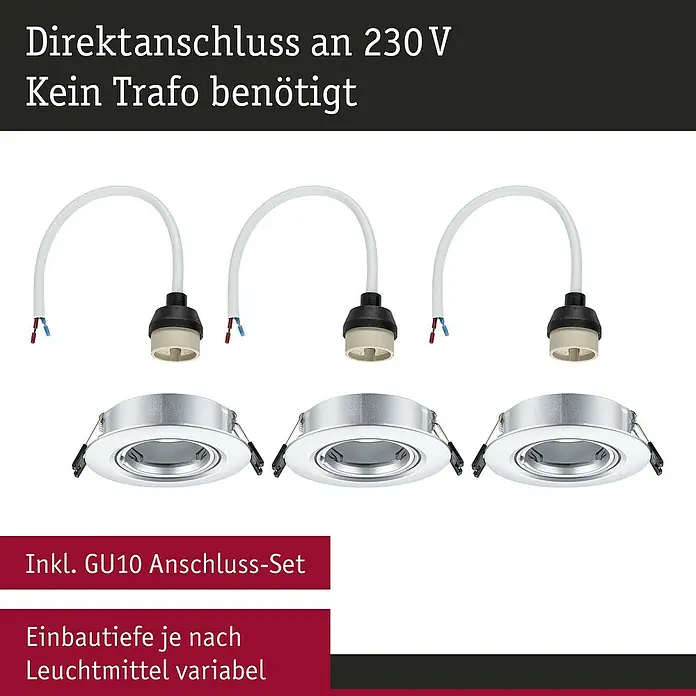 Paulmann Einbauleuchte - 10 W, 9 cm, Chrom, 3 Stk., Schwenkbar - Das Bild zeigt ein 3er-Set GU10 Einbaustrahler mit direktem 230V-Anschluss, wodurch kein Trafo erforderlich ist. Die Einbautiefe ist je nach Leuchtmittel variabel.
