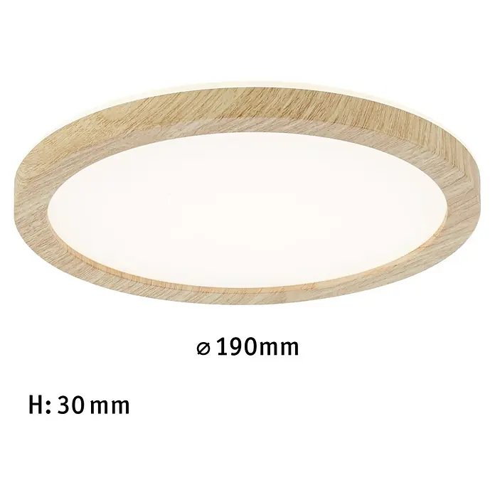 Paulmann LED-Panel rund Atria Shine IP44 - 12,5 W, Durchmesser: 19 cm, Holz, Warmweiß - Nahaufnahme einer runden Holz-Deckenleuchte mit den Maßen Ø 190mm und H: 30mm.