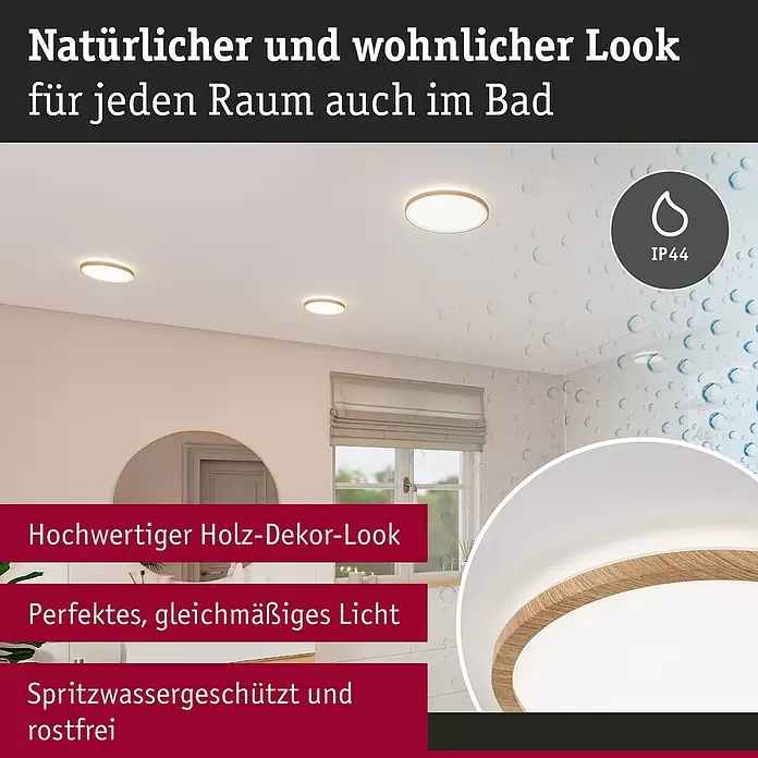 Paulmann LED-Panel rund Atria Shine IP44 - Neutralweiß, 19 W, Holz, Durchmesser: 29,3 cm - Runde Deckenleuchten mit Holz-Dekor-Rand in einem Badezimmer, mit gleichmäßigem Licht und IP44 Spritzwasserschutz.