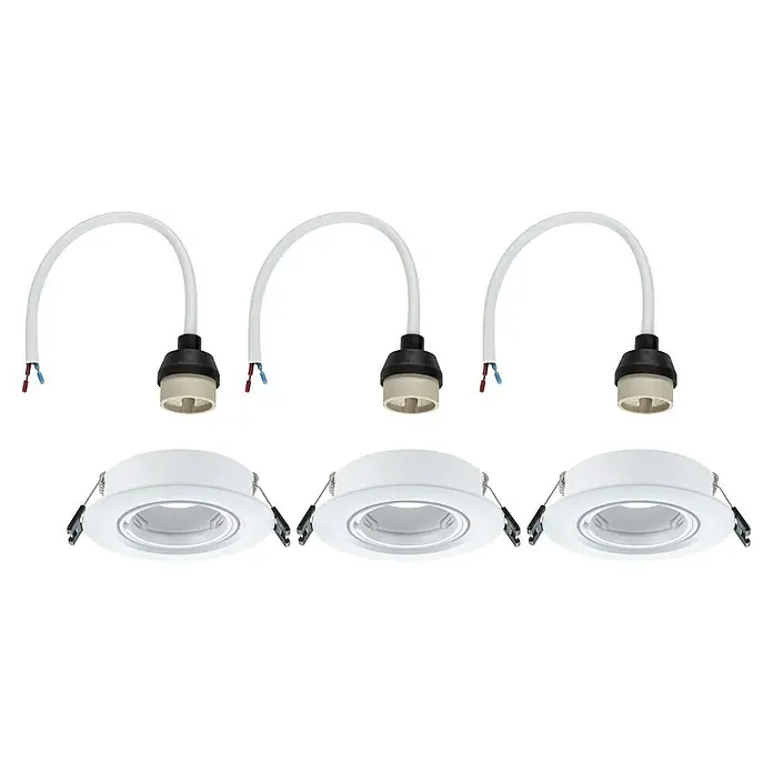 Paulmann Einbauleuchte - 10 W, 9 cm, Weiß, 3 Stk., Schwenkbar - Ein Bild von drei modularen Downlights, die sich durch ihr weißes Design und die flexiblen Anschlusskabel auszeichnen. Sie sind ideal für moderne Beleuchtungskonzepte.