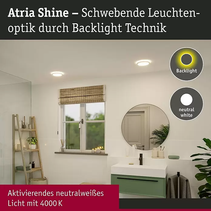 Paulmann LED-Panel rund Atria Shine IP44 - 12,5 W, Durchmesser: 19 cm, Weiß, Neutralweiß - Zwei moderne runde Deckenleuchten mit Hintergrundbeleuchtung und neutralweißem 4000K Licht, im Badezimmer installiert.