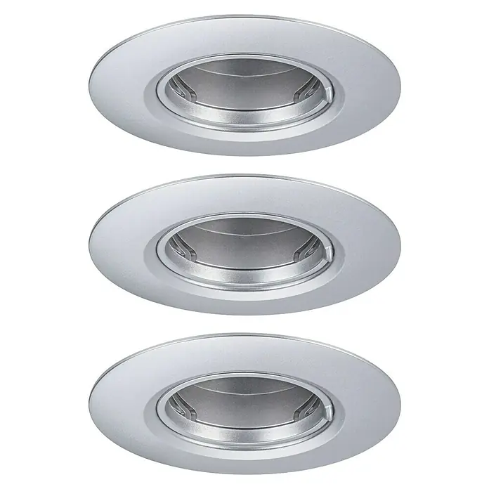Paulmann Einbauleuchte - 9 cm, Chrom, 3 Stk., Starr - Nahaufnahme von drei runden, versenkten LED-Deckenspots mit silberner Oberfläche, die eine moderne Beleuchtungslösung darstellen.