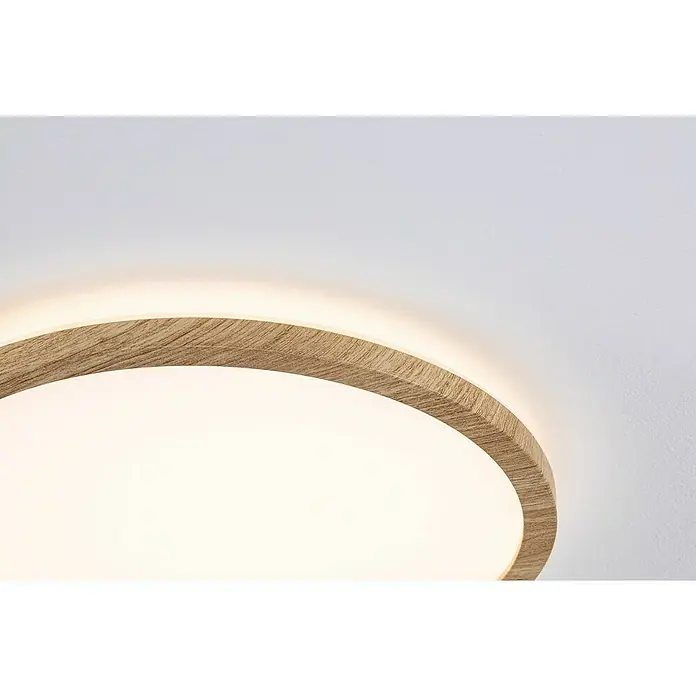 Paulmann LED-Panel rund Atria Shine IP44 - 12,5 W, Durchmesser: 19 cm, Holz, Warmweiß - Nahaufnahme einer runden Deckenleuchte mit Holzrahmen und sanftem, warmem Licht, die eine elegante und natürliche Atmosphäre schafft.