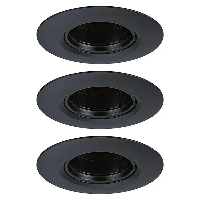 Paulmann Einbauleuchte - 9 cm, Schwarz, 3 Stk., Starr - Drei schwarze, runde Deckenleuchten mit einem Loch in der Mitte, das für die Installation von Leuchtmitteln vorgesehen ist.