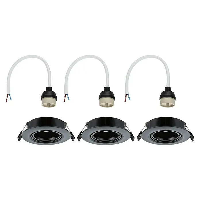 Paulmann Einbauleuchte - 10 W, 9 cm, Schwarz, 3 Stk., Schwenkbar - Drei schwarze Deckeneinbaustrahler mit Fassung und Kabel, ideal für moderne Beleuchtungslösungen.