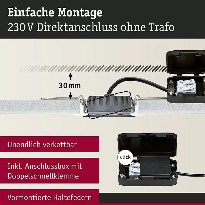 Paulmann Nova LED-Einbauleuchte rund - 6 W, Schwarz, Warmweiß, 1 Stk. - Schwarzer LED-Einbaustrahler mit Anschlussbox und Doppelschnellklemme, zeigt 30mm Einbautiefe und vormontierte Haltefedern.