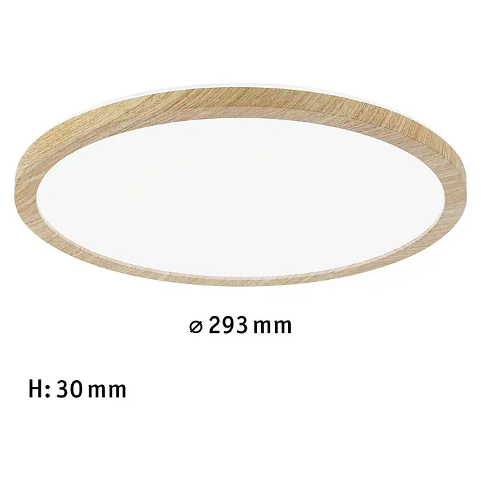 Paulmann LED-Panel rund Atria Shine IP44 - Neutralweiß, 19 W, Holz, Durchmesser: 29,3 cm - Abbildung einer runden LED-Deckenleuchte mit einem Durchmesser von 293 mm und einer Höhe von 30 mm, umgeben von einem Holzrahmen.