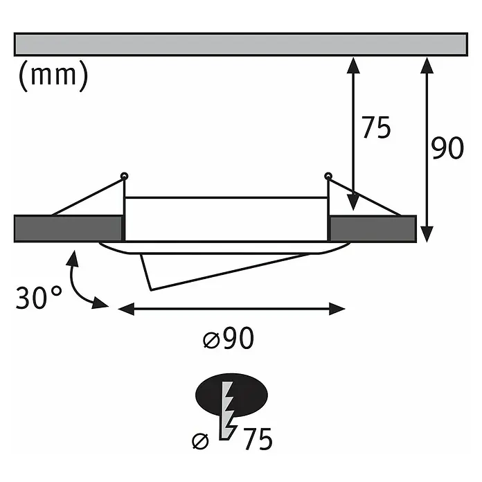 Paulmann Einbauleuchte - 10 W, 9 cm, Weiß, 3 Stk., Schwenkbar - Diese Abbildung zeigt die technischen Daten einer LED-Deckenleuchte mit Maßangaben wie Durchmesser, Höhe und Winkel.