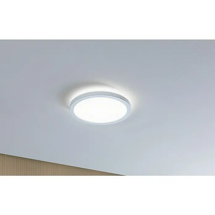 Paulmann LED-Panel rund Atria Shine IP44 - 12,5 W, Durchmesser: 19 cm, Weiß, Neutralweiß - Nahaufnahme einer runden, weißen LED-Deckenleuchte, die helles Licht in einem modernen Raum spendet.