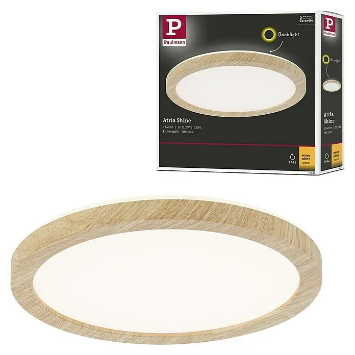 Paulmann LED-Panel rund Atria Shine IP44 - 12,5 W, Durchmesser: 19 cm, Holz, Warmweiß - Abbildung der Paulmann Atria Shine LED-Deckenleuchte mit Holzoptik und warmweißem Licht, ideal für eine stilvolle Raumbeleuchtung.