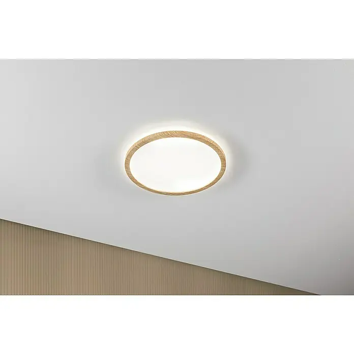 Paulmann LED-Panel rund Atria Shine IP44 - Neutralweiß, 19 W, Holz, Durchmesser: 29,3 cm - Eine runde LED-Deckenleuchte mit einem Holzrahmen, die ein warmes, einladendes Licht in den Raum wirft. Sie ist modern und elegant.