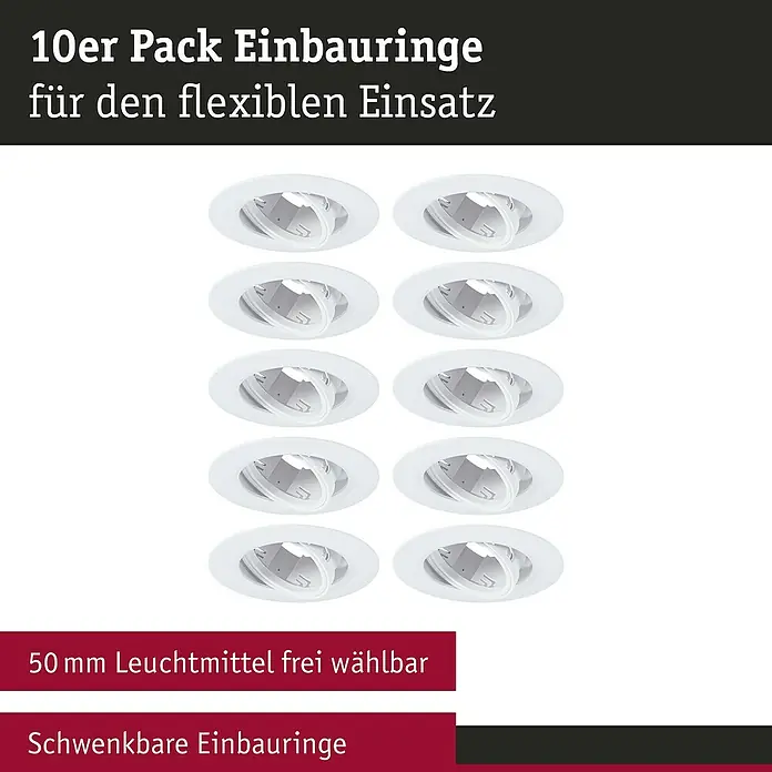 Paulmann Einbauleuchte - 10 W, 9 cm, Weiß, 10 Stk., Schwenkbar - Zehnerpack Einbauringe für flexible Einsätze, 50mm, Leuchtmittel frei wählbar, schwenkbar für die perfekte Ausrichtung.