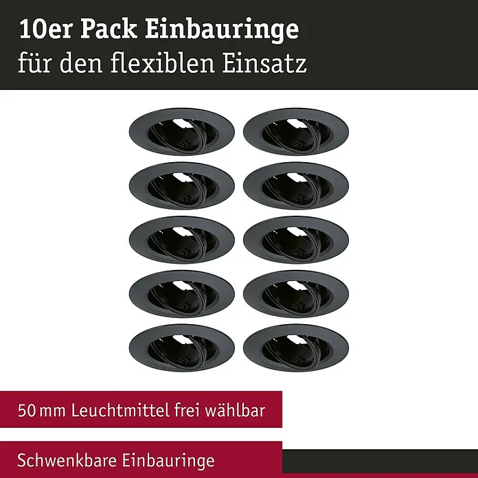 Paulmann Einbauleuchte - 10 W, 9 cm, Schwarz, 10 Stk., Schwenkbar - Bild von 10er Pack Einbauringe für flexible Beleuchtung. Die runden, dunklen Einbauringe sind ideal für individuelle Lichtgestaltung.