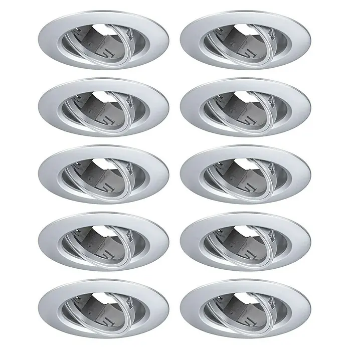 Paulmann Einbauleuchte - 10 W, 9 cm, Chrom, 10 Stk., Schwenkbar - Ansicht von zehn runden, silbernen Deckeneinbaustrahlern, die in einem Raster angeordnet sind und die Beleuchtungslösung hervorheben.