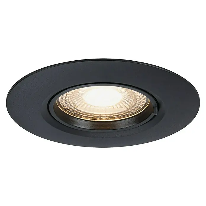 Paulmann Einbauleuchte - 9 cm, Schwarz, 3 Stk., Starr - Diese Aufnahme zeigt einen schwarzen LED-Deckeneinbaustrahler mit warmweißem Licht, ideal für moderne Innenräume.
