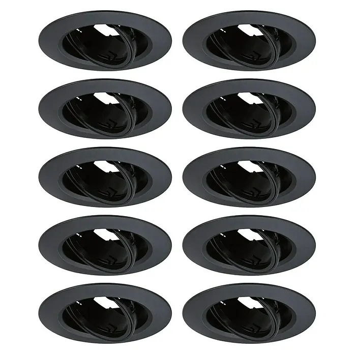 Paulmann Einbauleuchte - 10 W, 9 cm, Schwarz, 10 Stk., Schwenkbar - Zehn schwarze Einbaustrahler sind auf einem schwarzen Hintergrund angeordnet und beleuchten jeden Raum stilvoll.