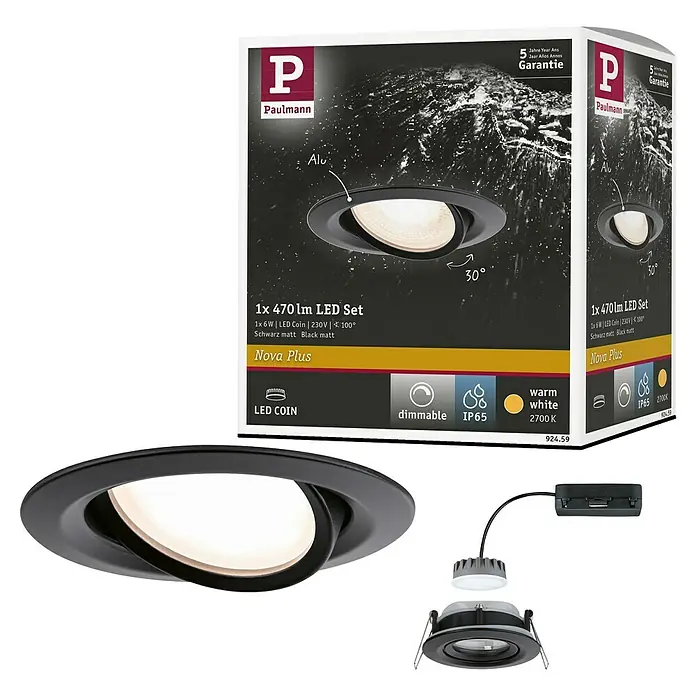 Paulmann Nova LED-Einbauleuchte rund - 6 W, Schwarz, Warmweiß, 1 Stk. - Produktbild des Paulmann Nova Plus LED Coin Set, mattschwarz, dimmbar und IP65-geschützt.
